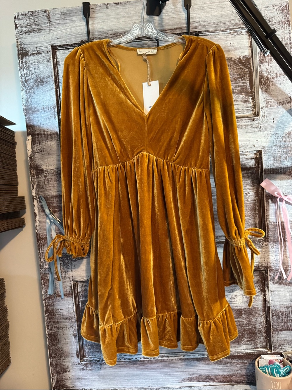 Velvet (faux) V-Neck Long-Sleeve Dress in Mustard